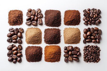 Various coffee beans and grounds arranged in a neat grid patternの素材