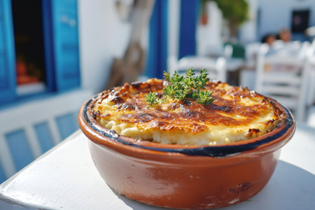 Serving of delicious Greek moussaka, garnished with fresh thyme, presented in a rustic terracotta dish in a traditional taverna settingの素材