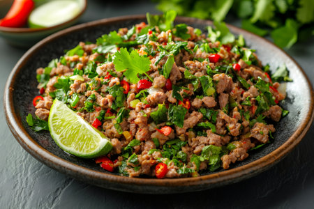 Larb, a popular Thai dish, featuring seasoned minced meat, fresh herbs, chilies, and a squeeze of lime, offering a vibrant and zesty culinary experienceの素材