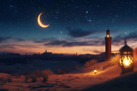 Scenic view of a desert city at dusk under a starry sky with a crescent moon and lit lanternsの素材