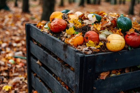 Colorful pumpkins and leaves fill a wooden bin in an autumn forestの素材