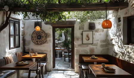 Cozy Mediterranean restaurant interior with wooden tables, stone walls, and hanging lamps, creating a warm and inviting atmosphereの素材