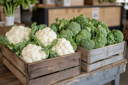 Fresh cauliflower and broccoli arranged in rustic wooden cratesの素材