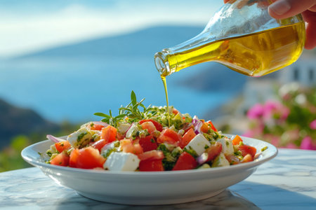 Hand pouring olive oil over a fresh Greek salad with tomatoes, feta cheese, onions, herbs, and a beautiful sea view in the backgroundの素材