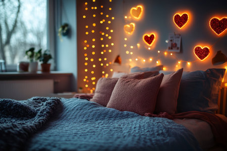 Warm and inviting bedroom decorated with heart-shaped lights creates a romantic atmosphere for Valentine's Dayの素材