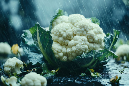 Cauliflower with raindrops in a lush garden settingの素材