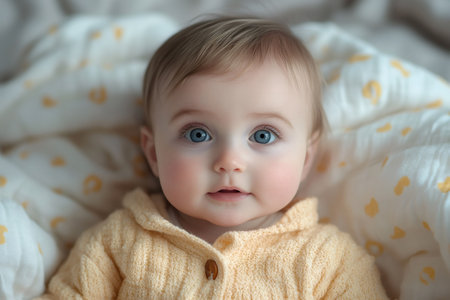 Portrait of charming baby girl with blue eyes lying on bed wearing knitted yellow jumpsuit and looking with curiosityの素材