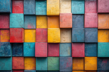 Colorful painted cubes forming a vibrant textured wall, perfect for backgrounds and design projectsの素材