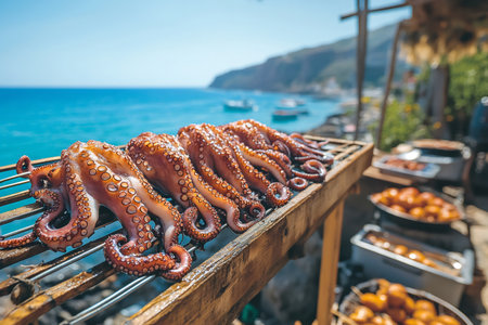 Fresh octopuses grilling on a wooden plank at a seaside restaurant, offering a delicious seafood experienceの素材