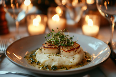 Gourmet scallop dish elegantly served with candles in the backgroundの素材