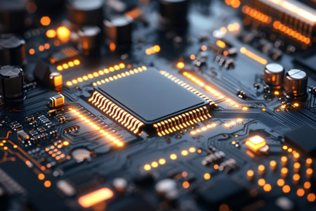 CPU processing data on motherboard, creating futuristic technological networkの素材