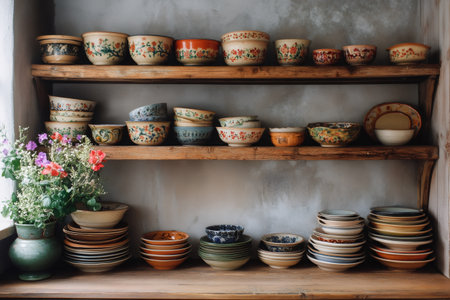 Rustic wooden shelves displaying a collection of colorful ceramic bowls and plates, creating a cozy and charming kitchen atmosphereの素材