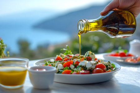 Hand pouring olive oil on a fresh Greek salad with tomatoes, feta cheese, olives, and herbs, with a scenic sea view in the backgroundの素材