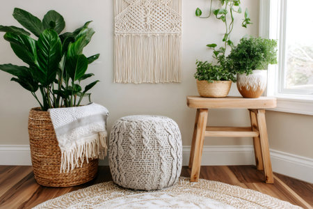 Stylish bohemian interior design featuring houseplants, macrame wall hanging, knitted pouf, and natural textures, creating a cozy and inviting atmosphereの素材