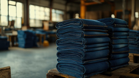 Neat stacks of folded jeans sit on pallets, ready for the final stages of production in a garment factoryの素材