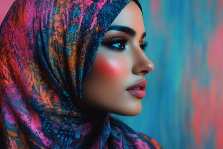 Studio portrait of a young woman wearing a colorful hijab and makeup, showcasing modern fashion and cultural expressionの素材