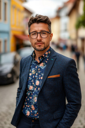 Confident entrepreneur standing in an urban setting, showcasing his stylish attire and entrepreneurial spiritの素材