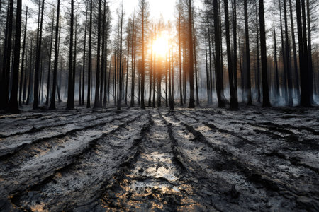 Setting sun illuminates tire tracks left in mud and ash covering forest floor after devastating wildfireの素材
