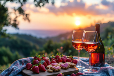 Two glasses of rose wine, fresh strawberries, and heart-shaped cookies create a romantic picnic setting during a breathtaking sunsetの素材