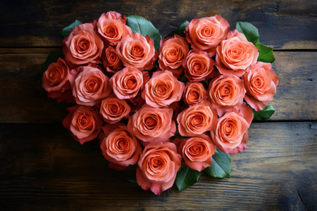 Beautiful pink roses form a heart on rustic wooden surfaceの素材