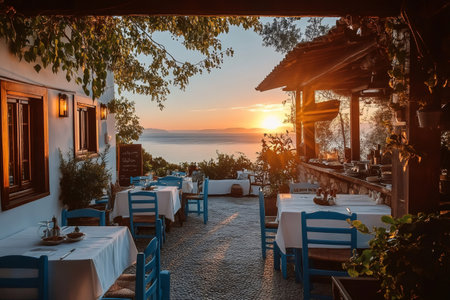 Empty tables and chairs stand on a restaurant patio overlooking a beautiful sunset over calm waterの素材