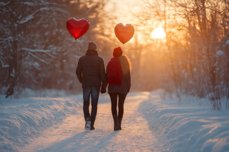 Romantic couple holding hands and walking away on a snowy path at sunset, with heart-shaped balloons floating above themの素材