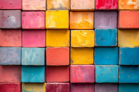 Colorful wooden blocks create a vibrant and textured mosaic, showcasing a variety of paint colorsの素材