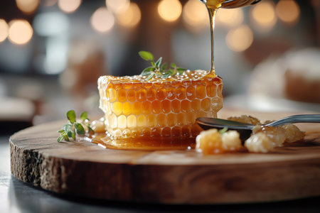 Honeycomb piece with honey drizzling on rustic wooden boardの素材