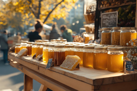 Honey jars and honeycombs showcased on a rustic table at a bustling outdoor marketの素材