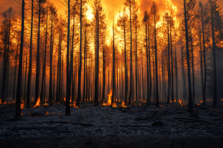 Forest fire burning with intense flames at sunsetの素材