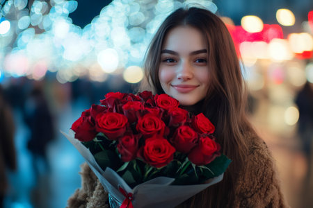 Smiling young woman holding bouquet of red roses in blurred Christmas market at nightの素材