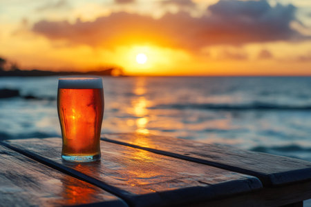 Cold beer sits on a table, framed by a vibrant ocean sunsetの素材