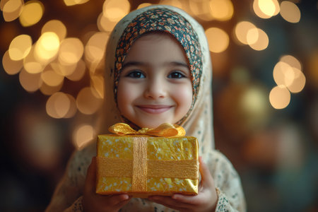 Adorable muslim girl holding a golden gift box, smiling against a backdrop of twinkling bokeh lightsの素材