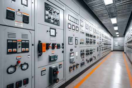 Complex system of electrical control panels managing power distribution in an industrial facilityの素材