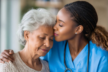 Young nurse is kissing an elderly senior woman on the forehead, showing compassion and care in a medical settingの素材
