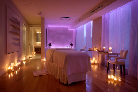 Empty massage table in a modern spa room illuminated by the warm glow of numerous candles, creating a relaxing and luxurious atmosphereの素材