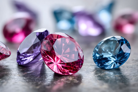 Collection of colorful round cut gemstones sparkling on a dark gray surfaceの素材