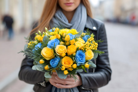 Woman holding a bouquet of blue and yellow roses, perfect for celebrating a special occasionの素材