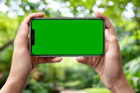 Hands holding a smartphone with green screen outdoors in a park, perfect for mockupsの素材