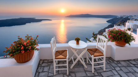 White table and chairs create a romantic dinner setting on a terrace overlooking the caldera in Santorini, Greece, during a breathtaking sunsetの素材