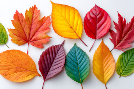 Vibrant autumn leaves arranged on a white background, showcasing the beautiful colors of fallの素材