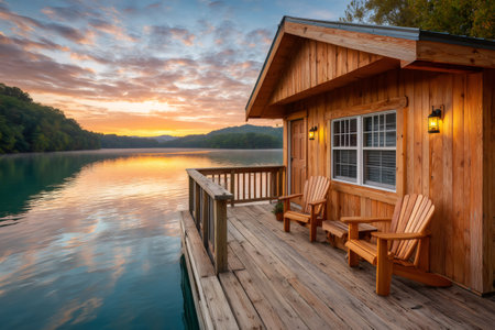 Tranquil scene of a wooden cabin on a lake at sunrise, reflecting the vibrant colors of the sky on the calm waterの素材