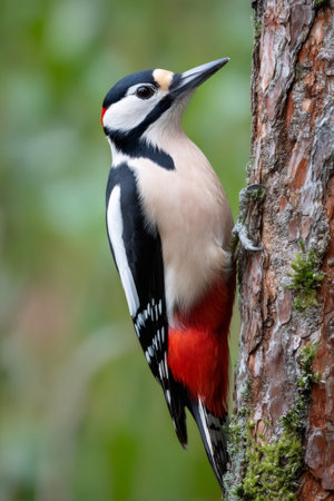 Great spotted woodpecker clinging vertically to the trunk of a pine tree, in its natural habitatの素材
