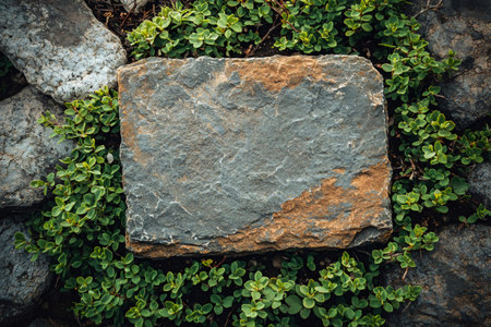 Gray rectangular stone slab surrounded by green plants and rocks, creating a natural and textured backgroundの素材