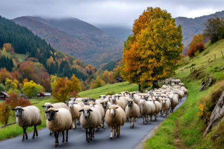Flock of sheep walking on a mountain road surrounded by colorful autumn foliageの素材