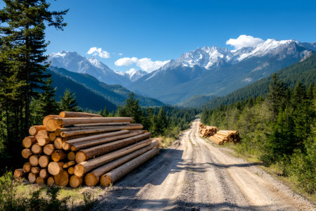 Piles of logs sit alongside a dirt road cutting through a mountain forest, highlighting the impact of logging on natural landscapesの素材