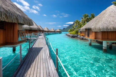 Luxurious overwater bungalows invite tourists to relax and enjoy breathtaking views of crystal clear turquoise watersの素材