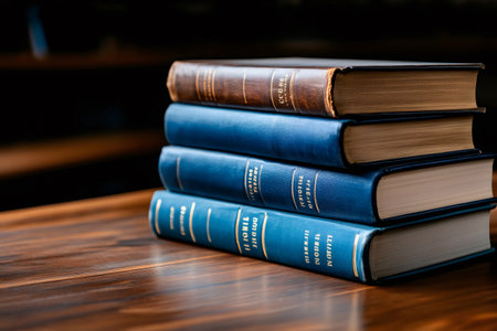 Four antique books stacked on a wooden table, creating a nostalgic atmosphere of knowledge and historyの素材