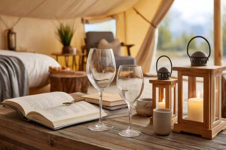 Cozy glamping tent interior with wine glasses, an open book, and lit lanterns creating a relaxing atmosphereの素材