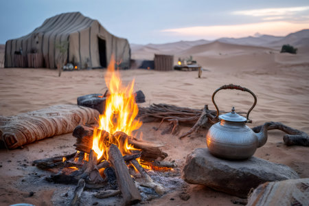 Traditional metal teapot warming on campfire in desert camp at sunset, creating a cozy atmosphereの素材